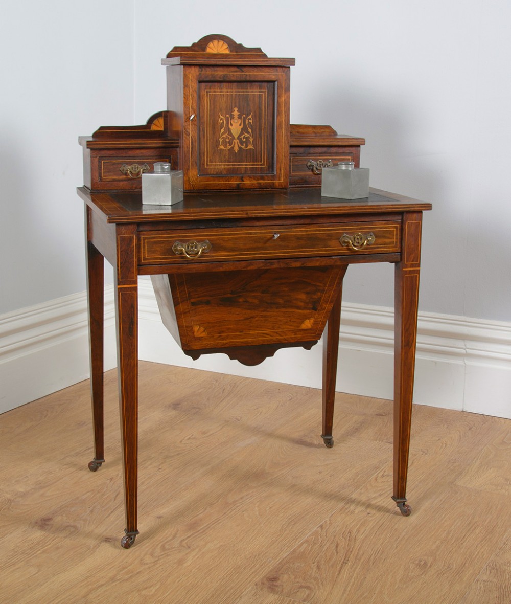 Edwardian Rosewood Ladies Marquetry Inlaid Leather Worktable (Circa 1900)