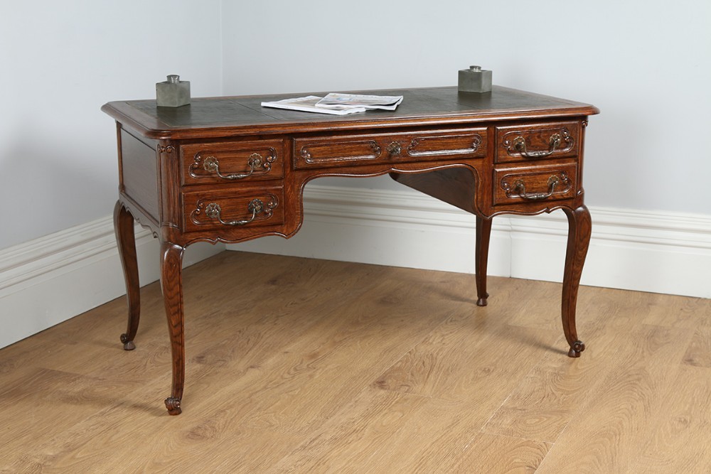 French Oak & Green Leather Freestanding Bureau Plat Desk (Circa 1890)
