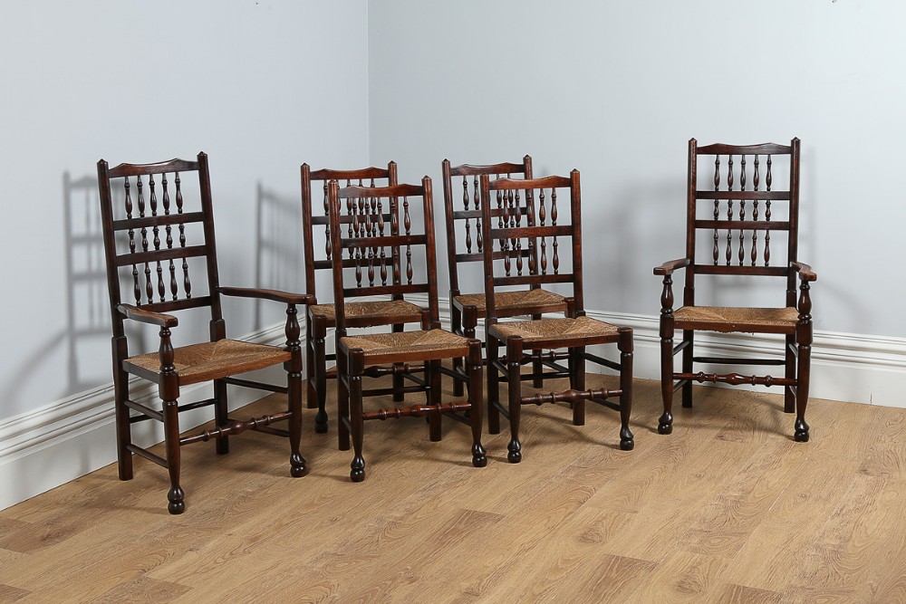 Set of 6 Six Ash & Elm Spindle Back Rush Seat Country Farmhouse Kitchen Dining Chairs (Circa 1880)