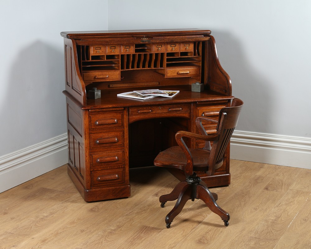 Victorian Oak Roll Top Pedestal Desk (Circa 1890)