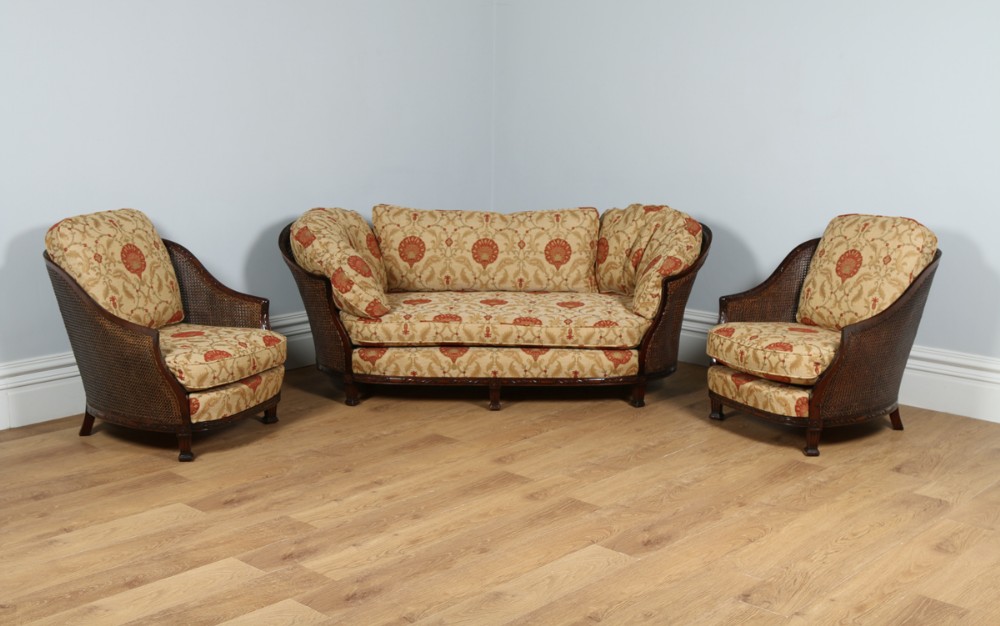 Edwardian Three Piece Curved Mahogany Bergere Suite Cane Couch Settee Sofa Lounge Suite (Circa 1910)