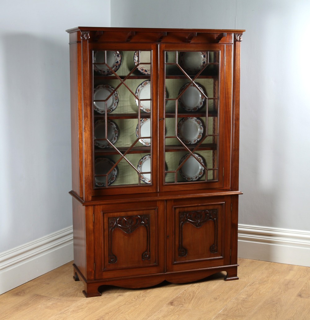 Victorian Art Nouveau Mahogany Glass Display Bookcase Cabinet Cupboard by James Schoolbred & Co. (Circa 1890)