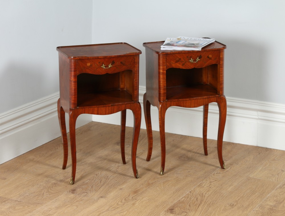 Pair of French Louis XVI Tulipwood, Kingwood & Marquetry Serpentine Bedside Night Stands Chests Cabinets Tables (Circa 1900)