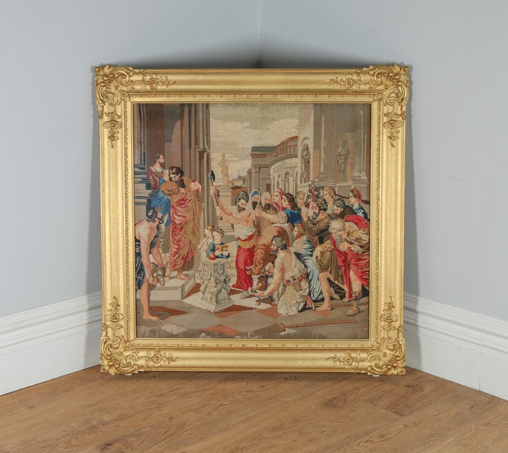 Antique Victorian English Needlework Berlin Tapestry Picture In Carved Floral Gilt Wood Gesso Frame (Circa 1860)
