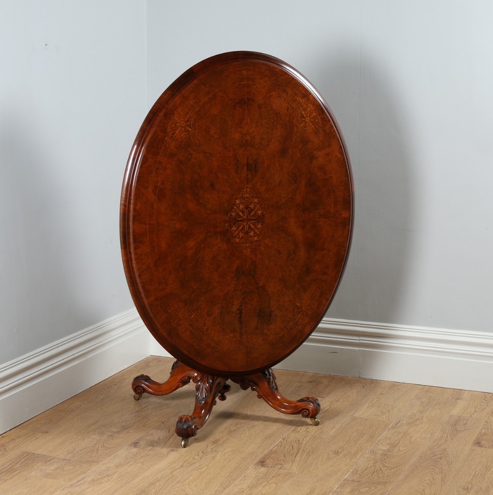 Victorian Burr Walnut Inlaid Marquetry Tilt Top Oval Breakfast Loo Kitchen Dining Centre Table (Circa 1860)