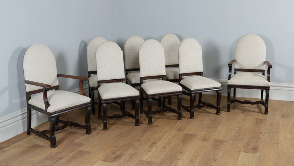 Set of 8 Eight French Empire Oak & Walnut Upholstered High Back Kitchen Dining Chairs (Circa 1880)