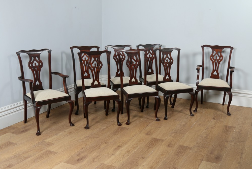 Set of 8 Eight Georgian Chippendale Style Mahogany Upholstered Kitchen Dining Chairs (Circa 1900)