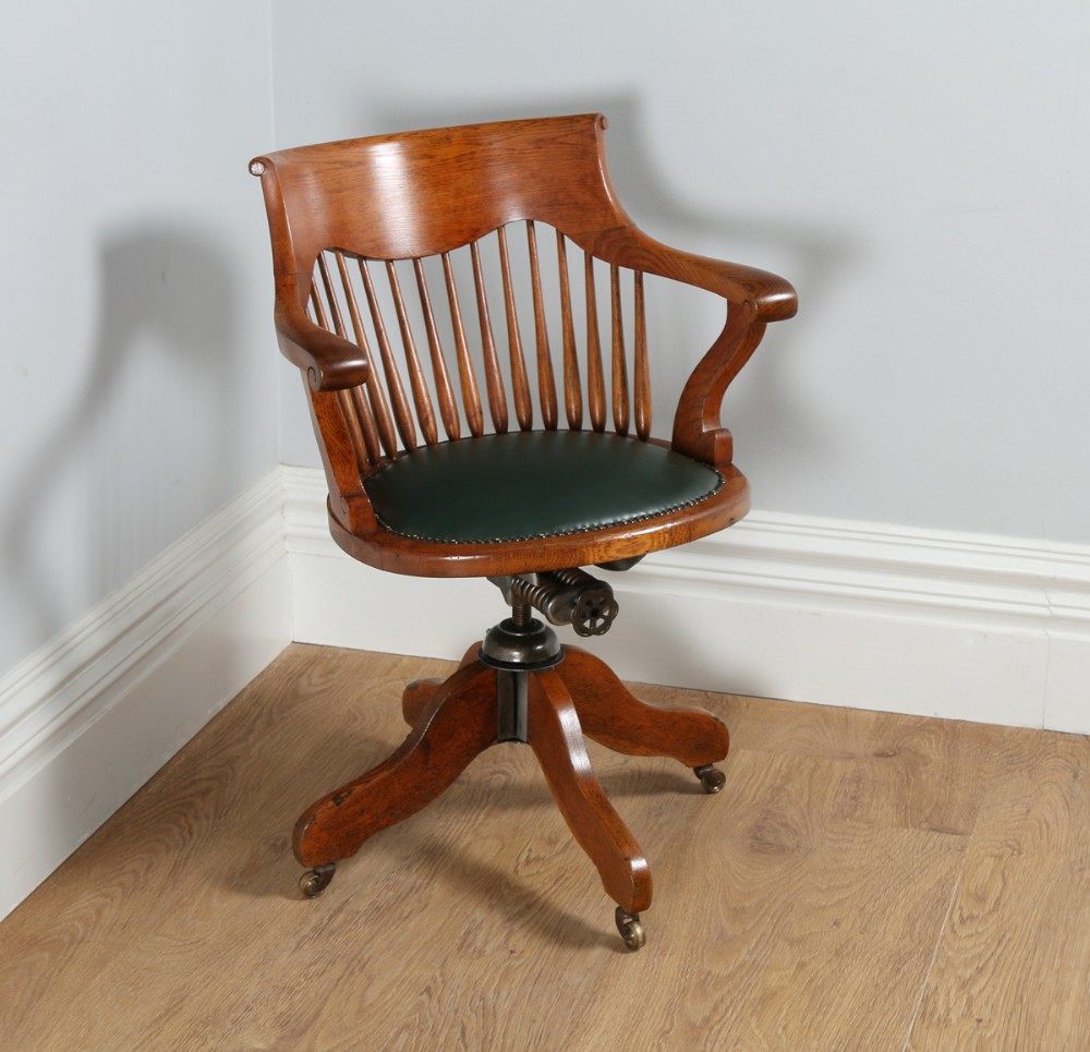 Victorian Oak Revolving Office Desk Library Captains Green Leather Chair (Circa 1890) by Alfred Allen Furnishing Expert of Hill St. and John Bright St. of Birmingham