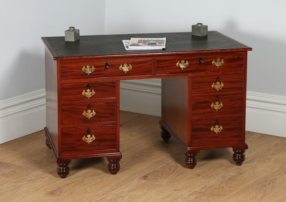 William IV 4ft Cuban Mahogany Partners Pedestal Office Library Green Leather Writing Table Desk (Circa 1830)