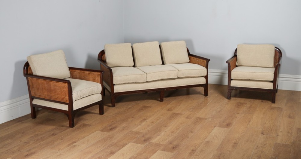 George V Three Piece Mahogany & Cane Bergere Couch Settee Sofa Lounge Suite by Staples & Co. (Circa 1920)