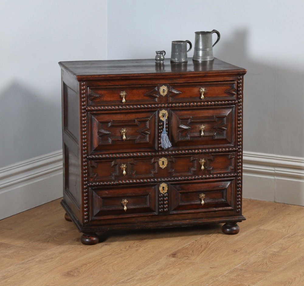 William & Mary English 17th Century Oak Panelled Geometric Chest of Drawers (Circa 1690)