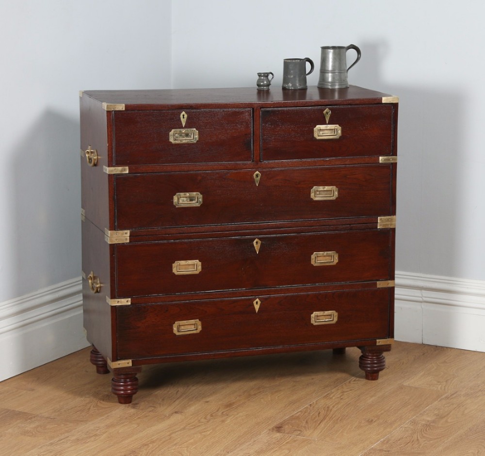 Antique Victorian Colonial Anglo Indian Teak & Brass Military Officer’s Campaign Chest of Drawers (Circa 1880)