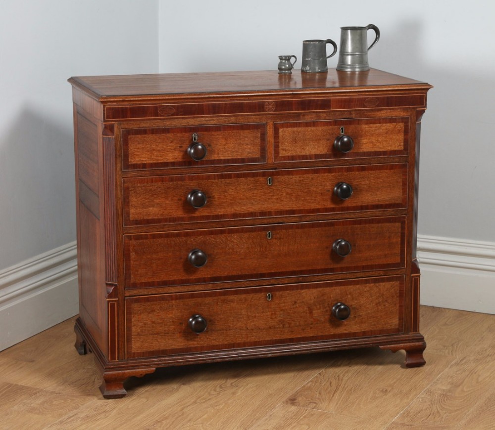 Antique English Georgian Oak & Mahogany Inlaid Chest of Drawers (Circa 1800)