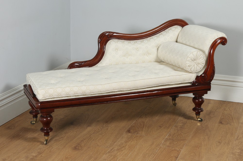 Antique Victorian Mahogany Upholstered Cream & Pale Gold Chaise Longue Settee Couch Sofa (Circa 1860)