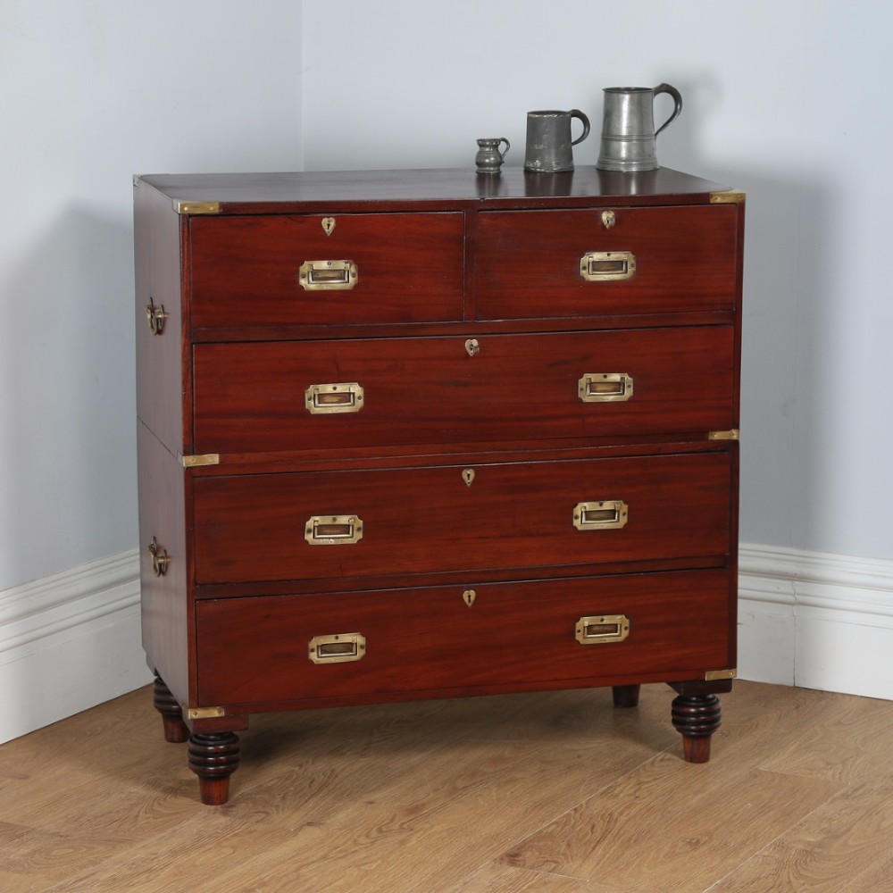 Antique Victorian Colonial Anglo Indian Mahogany & Brass Military Officer’s Campaign Chest of Drawers (Circa 1880)