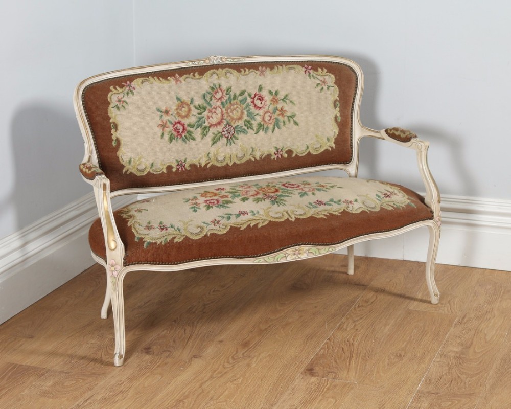 French Louis XV Style Painted Gilt Shabby Chic Carved Upholstered Tapestry Sofa Couch Settee (Circa 1910)
