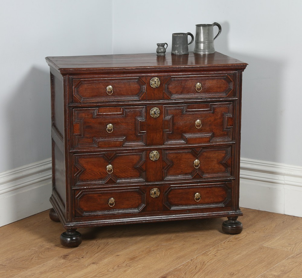 Antique English William & Mary Oak Panelled Geometric Chest of Drawers (Circa 1690)