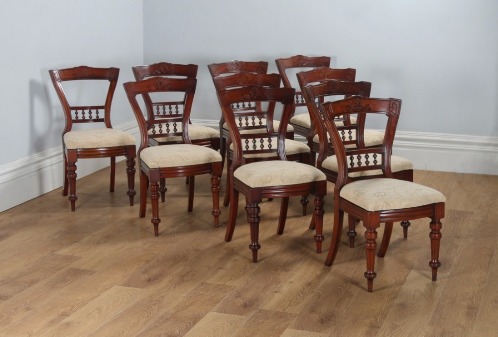Antique Victorian Set of 10 Ten Mahogany Upholstered Dining Chairs by J.B.C.W. (Circa 1890)