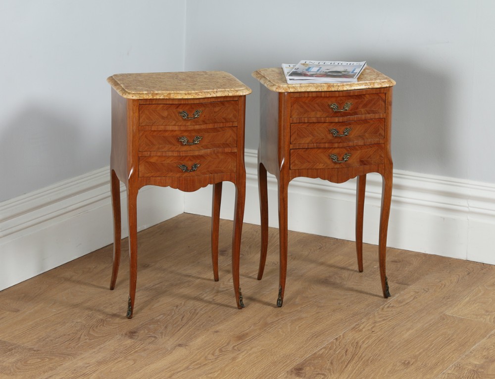 Antique Pair of French Louis XVI Tulipwood & Parquetry Serpentine Bedside Cabinets (Circa 1900)