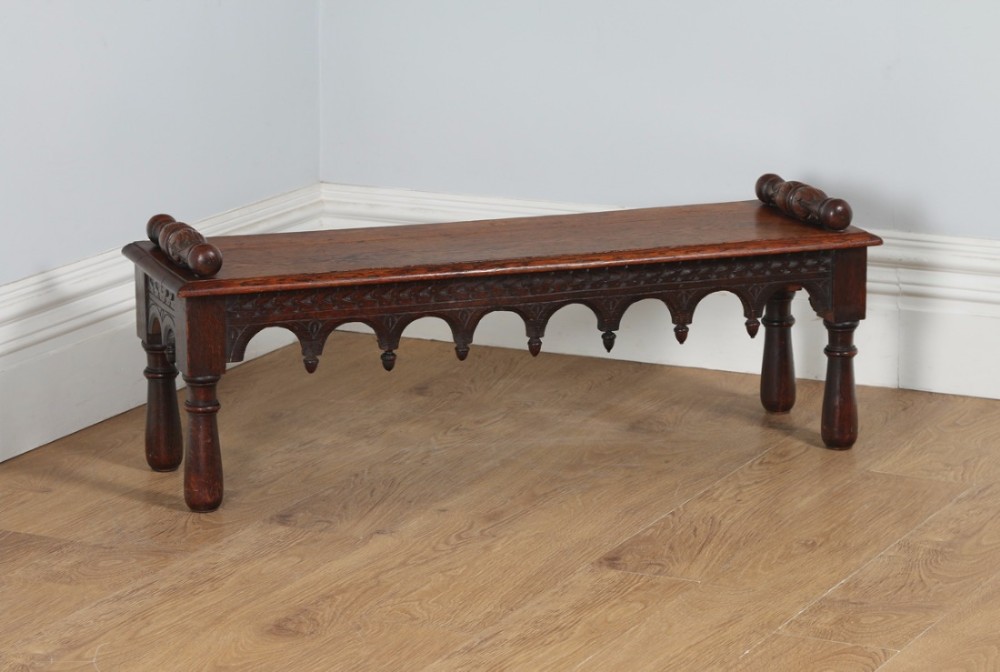 Antique English Victorian Gothic Carved Oak Window Hall Bench Stool (Circa 1860)