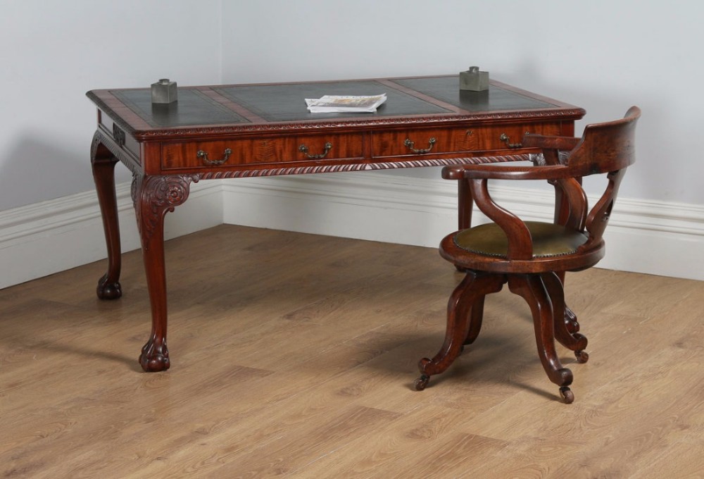 Antique English Georgian Chippendale Style 5ft Mahogany & Leather Partners Library Table Desk (Circa 1880)