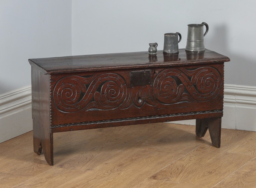 Antique Charles II English West Country Oak Six Plank Boarded Coffer Chest 17th Century (Circa 1660)