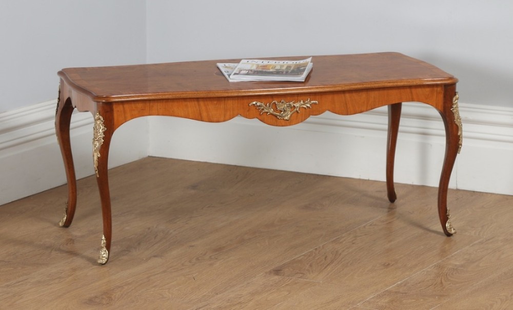 Antique French Louis XVI Style Burr Walnut Marquetry Inlaid Brass Coffee Table (Circa 1920)