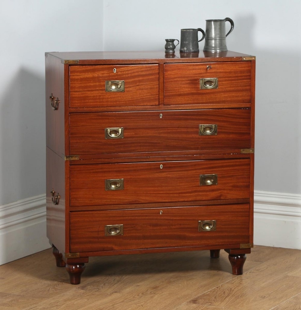 Antique English Victorian Colonial Mahogany & Brass Military Campaign Chest of Drawers by Graves and Sons of Devonport (Circa 1890)