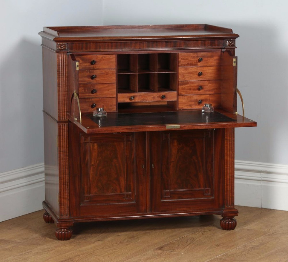 Antique English Regency Flame Mahogany Secretaire Desk Chest of Drawers by Gillows of Lancaster (Circa 1830)
