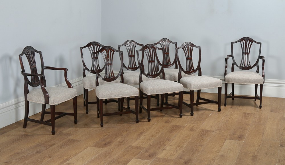 Antique Set of 8 English Georgian Hepplewhite Style Mahogany Dining Chairs (Circa 1850)