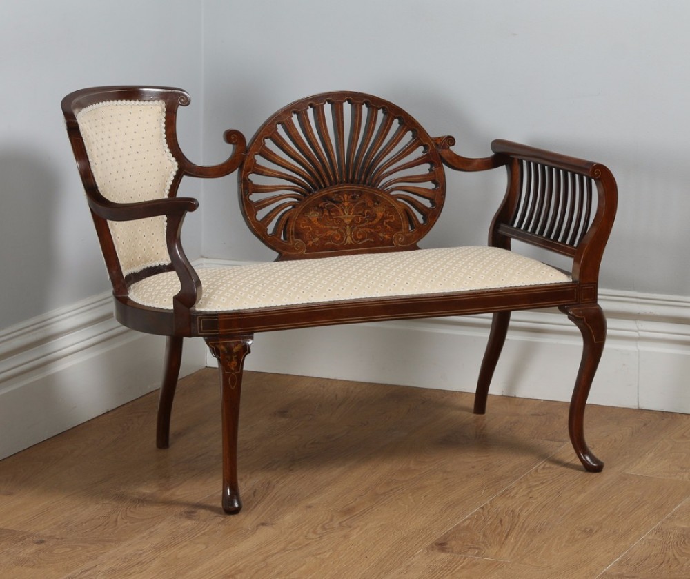 Antique English Edwardian Mahogany Marquetry Inlaid Two Seat Window Sofa Couch Settee (Circa 1900)