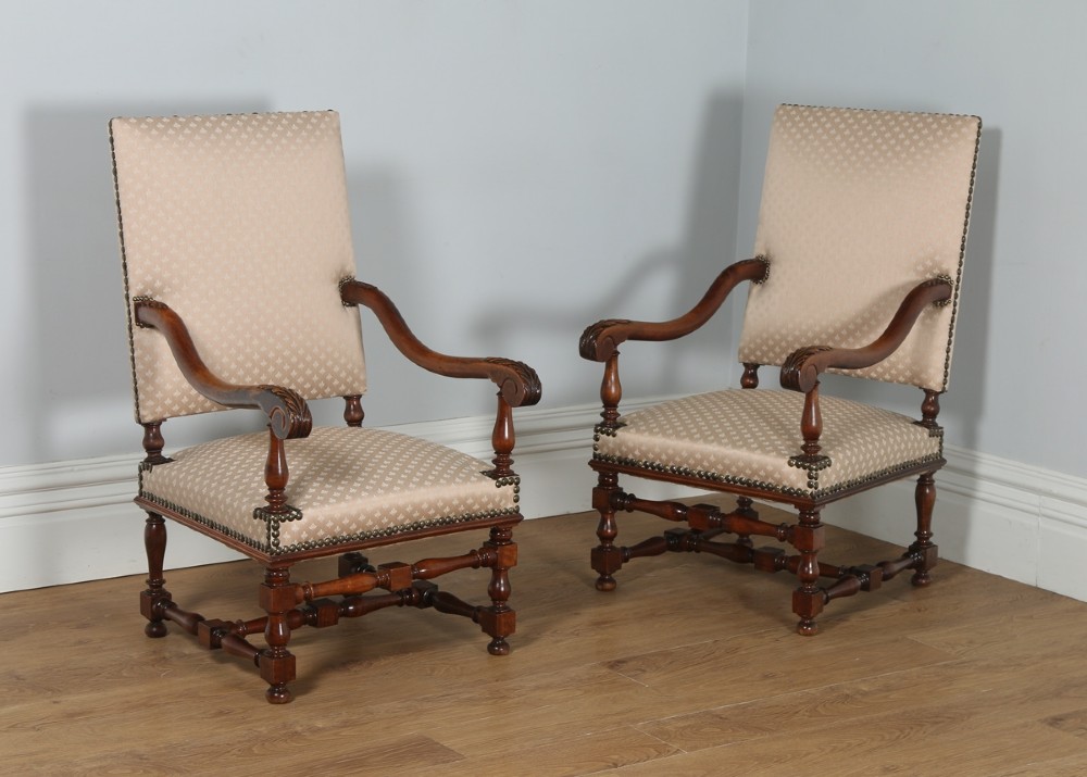 Antique Pair of French Walnut Upholstered Fauteuil Hall Carver Arm Chairs  (Circa 1870)