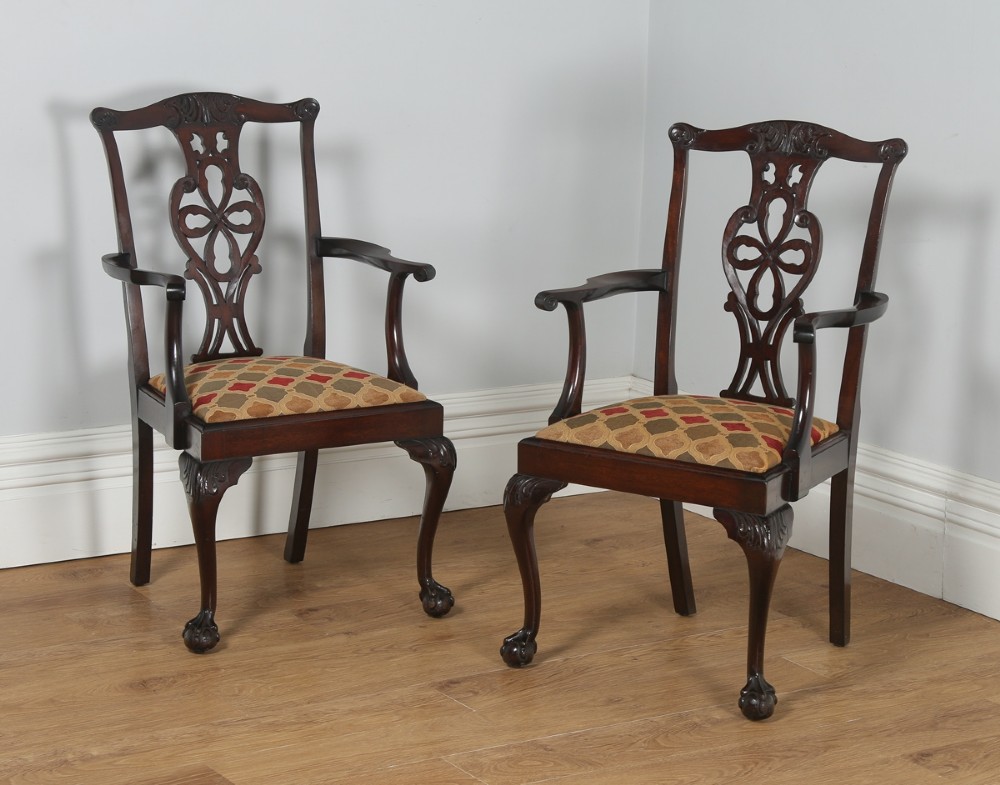 Antique English Pair of Chippendale Style Mahogany Dining Library Office Desk Armchairs (Circa 1900)