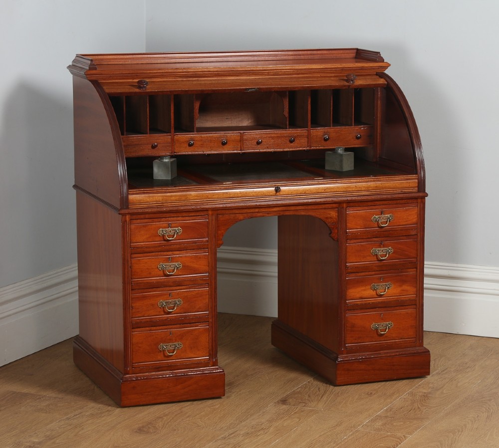 Antique English Edwardian Mahogany & Leather Cylinder Roll Top Writing Pedestal Office Desk (Circa 1900)