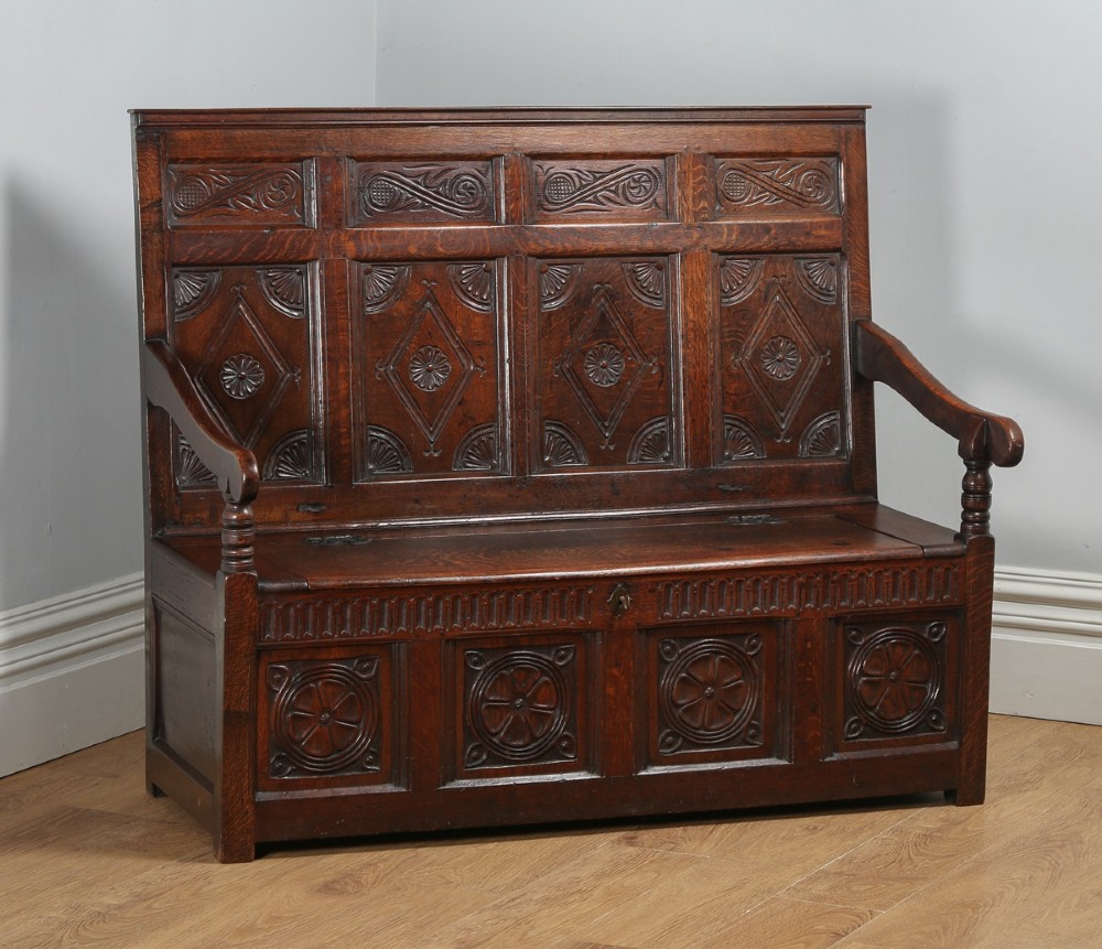 Antique English Georgian Oak High Back Panelled Box Settle (Circa 1800)