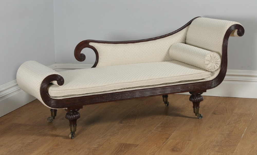 Antique English Regency Mahogany Upholstered Scroll End Chaise Longue (Circa 1820)
