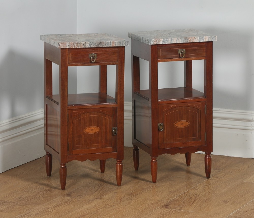 Antique Pair of French Art Nouveau Mahogany Marble & Satinwood Bedside Cabinets (Circa 1900)