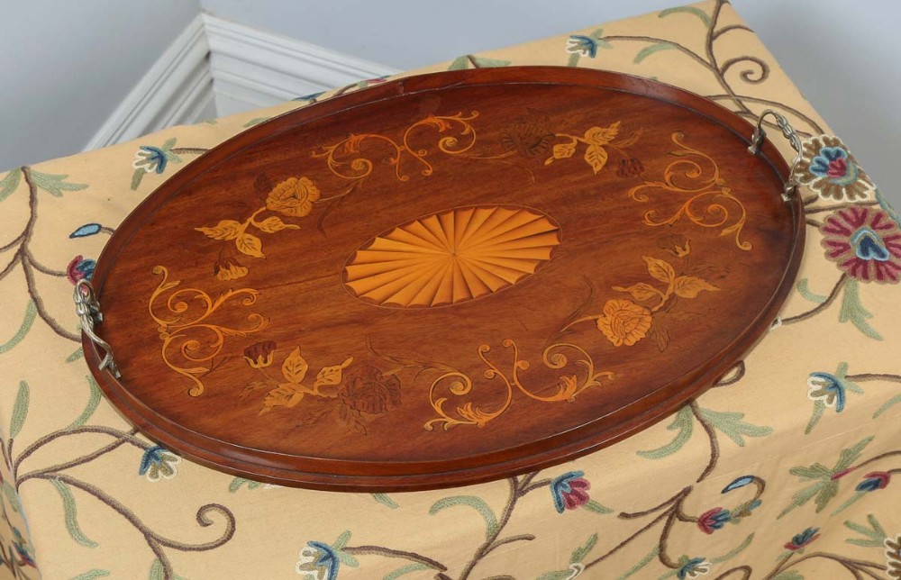Antique English Edwardian Mahogany Marquetry Inlaid Oval Drinks Tray (Circa 1900)