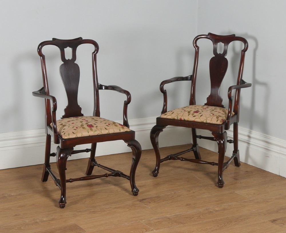 Antique English Pair of Queen Anne Style Mahogany Crook Office Desk Carver Arm Side Chairs (Circa 1880)