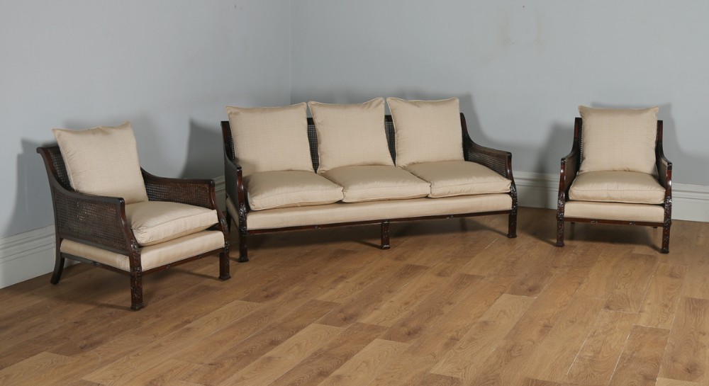 Antique English Edwardian Chippendale Style Three Piece Mahogany & Cane Bergere Chair Suite (Circa 1900)
