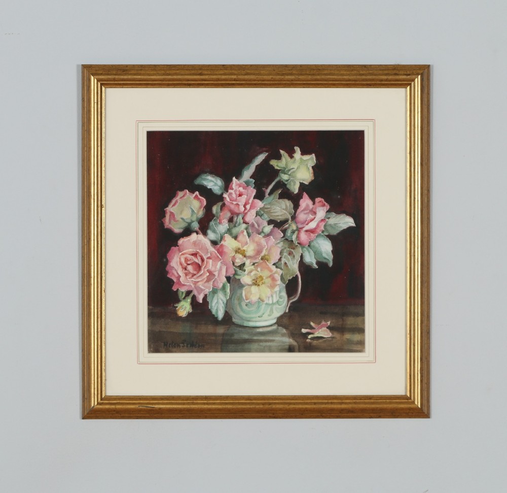 Antique English Watercolour Painting of Flowers in a Vase by Helen Seddon (Circa 1930)
