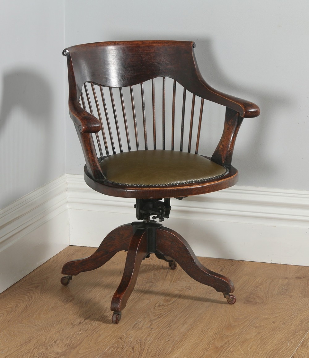 Antique English Victorian Oak Revolving Office Desk Green Leather Arm Chair (Circa 1880) 