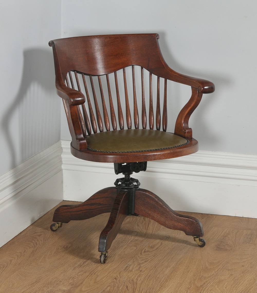 Antique English Victorian Oak Revolving Office Desk Green Leather Arm Chair (Circa 1880) 