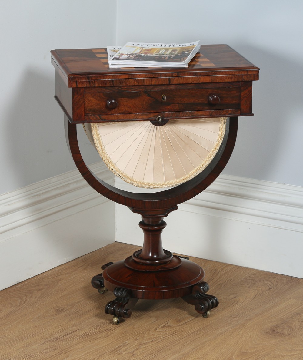 Antique English William IV Rosewood & Birds Eye Maple Work Sewing Chess Games Table (Circa 1830)