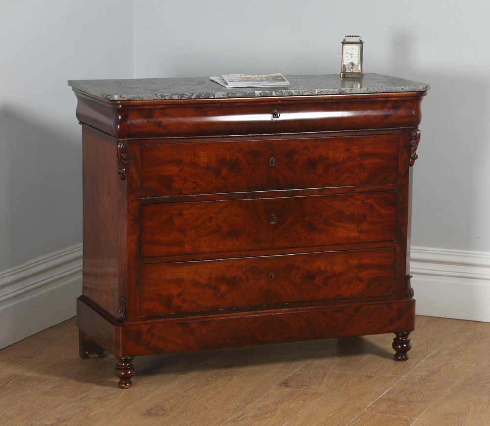 Antique French Louis Philippe Flame Mahogany & Marble Commode Chest of Drawers (Circa 1850)
