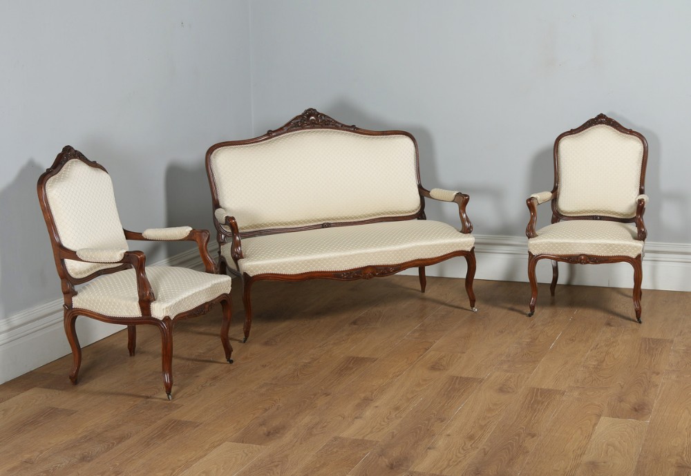 Antique French Louis XVI Style Walnut Three Piece Suite Comprising One Sofa & Two Armchairs (Circa 1860)