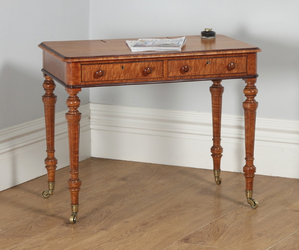 Antique English Victorian Bird’s Eye Maple & Purpleheart Library Writing Table Desk Attributable to Gillows Of Lancaster (Circa 1840)