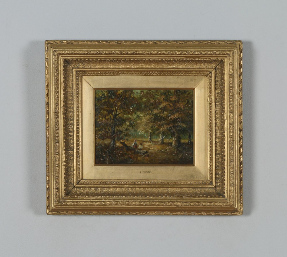 Antique English Small Oil Painting of Autumnal Forest Country Scene Attributable to Joseph Thors (Circa 1870)