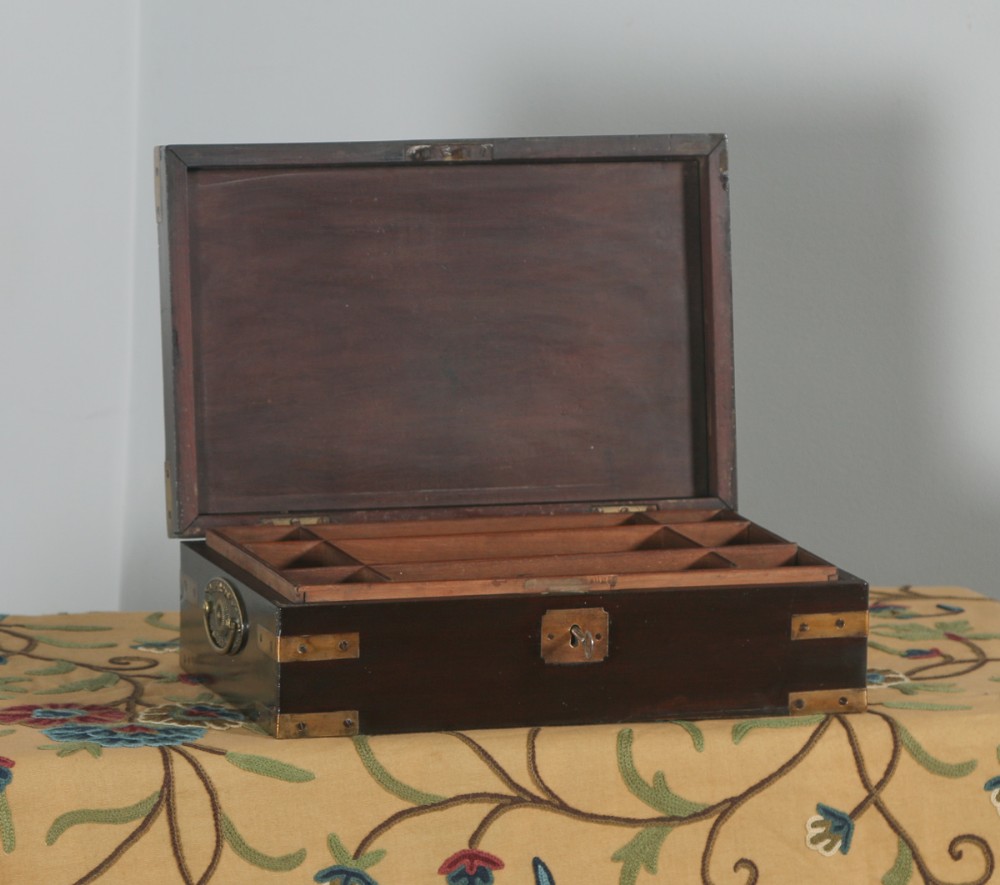 Antique Victorian Colonial Campaign Mahogany Brass Writing, Jewellery or Sewing Box (Circa 1860)