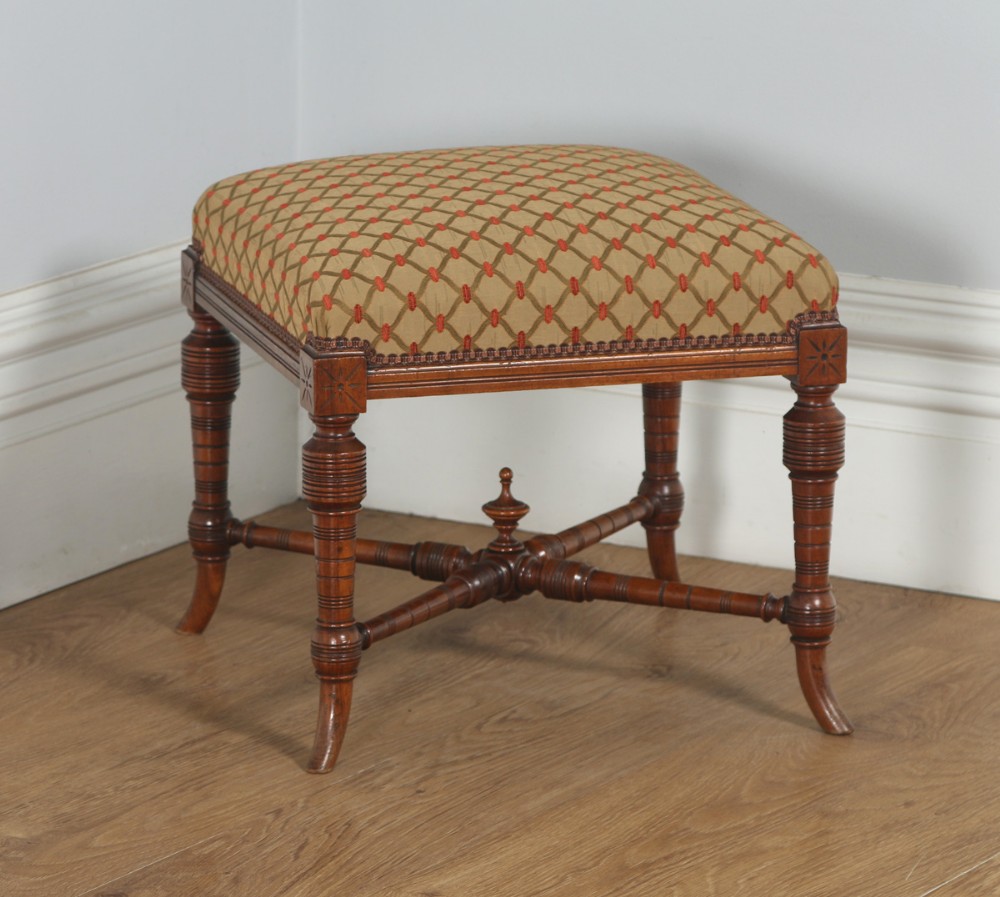 Antique English Victorian Walnut Upholstered Foot Stool Poof (Circa 1890)